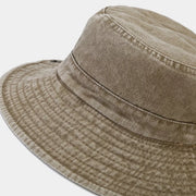Close-up of the camel bucket hat crown and stitched wide brim