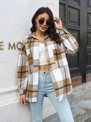 Plaid button-up collared shirt in tan-and-white plaid front view