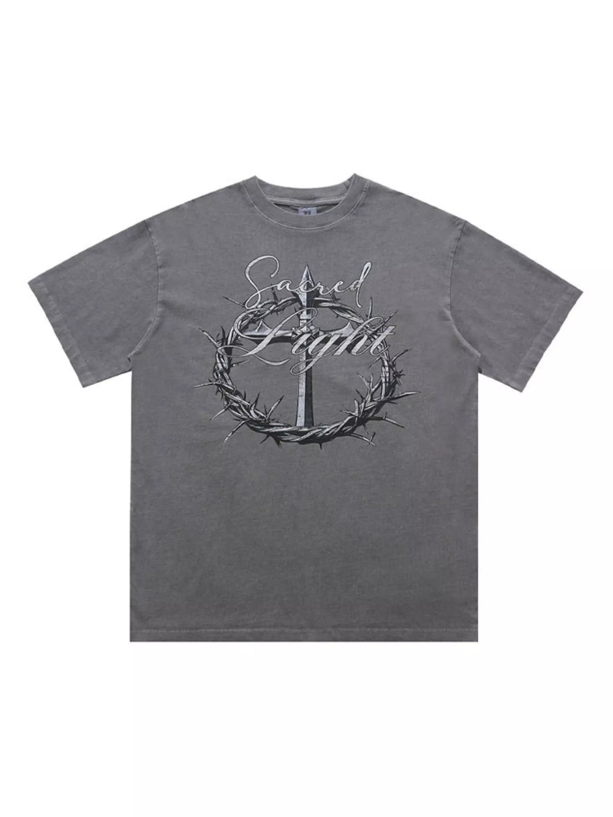 Gray graphic T-shirt shown flat, front view