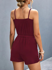 Back view of burgundy romper and shoulder straps