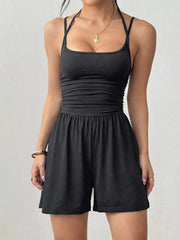 Women's ruched spaghetti-strap romper, black full front view