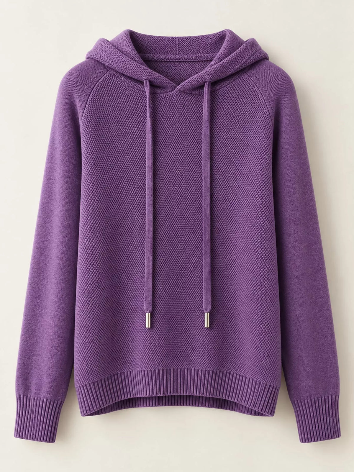 Purple drawstring hooded sweater displayed alone against a pale background.