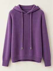 Purple drawstring hooded sweater displayed alone against a pale background.