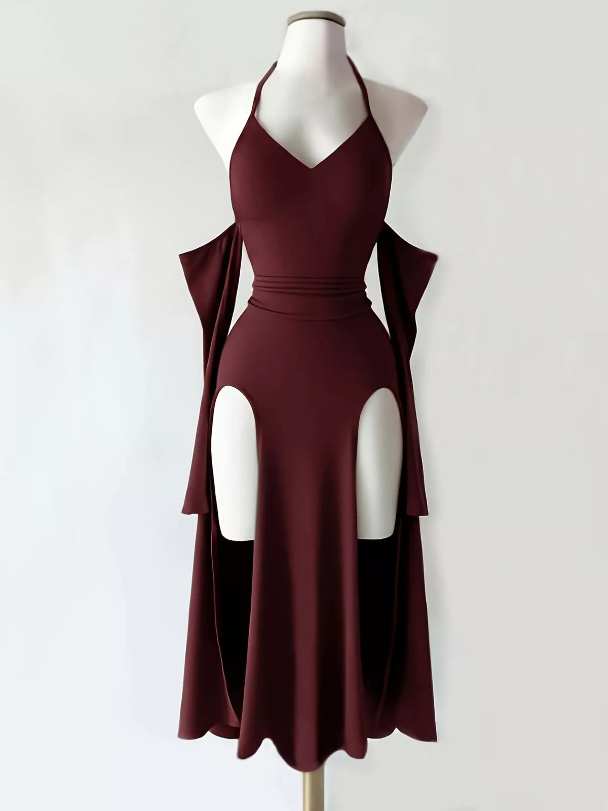 Wine-red halter bodycon dress with high side slits, front view on mannequin