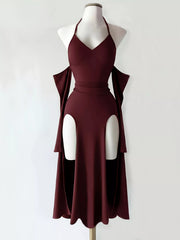 Wine-red halter bodycon dress with high side slits, front view on mannequin
