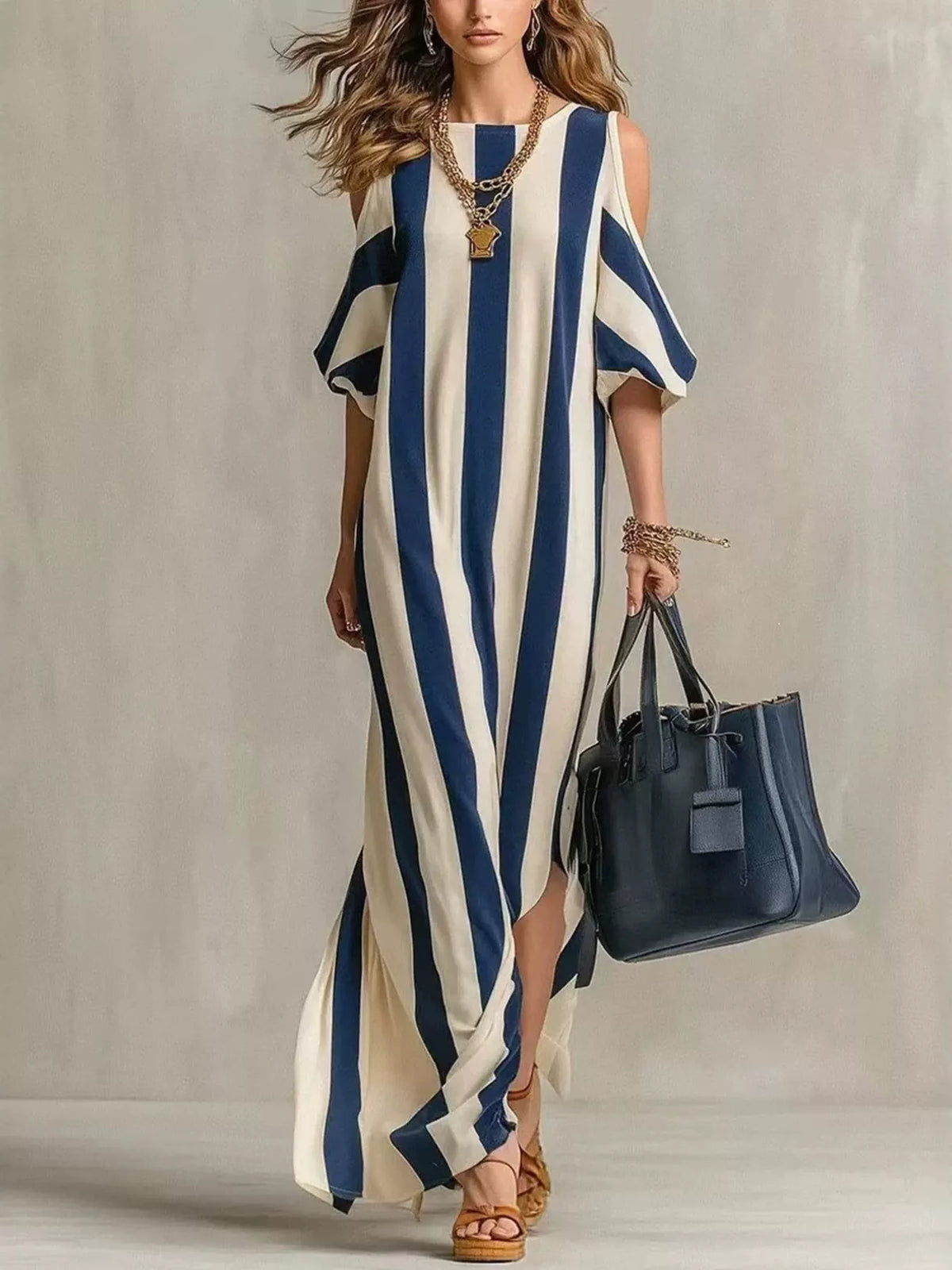 Blue and white striped cold-shoulder maxi dress shown full length with handbag