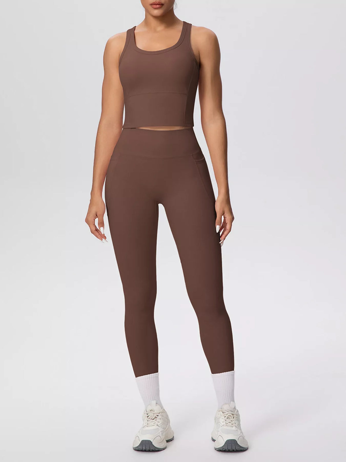 Brown scoop-neck tank and matching leggings shown from the front