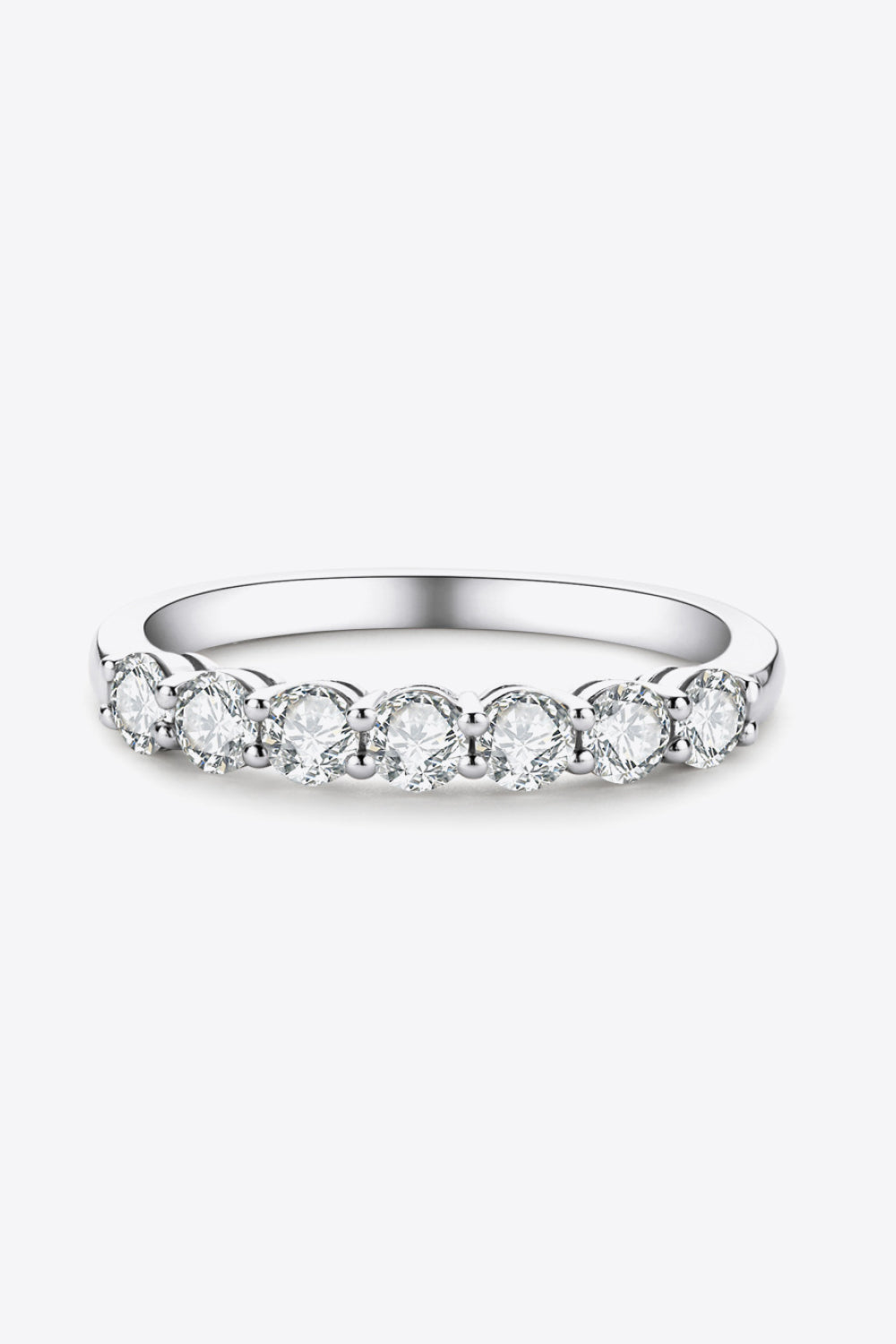 Silver-tone ring with a row of round clear stones, front product view