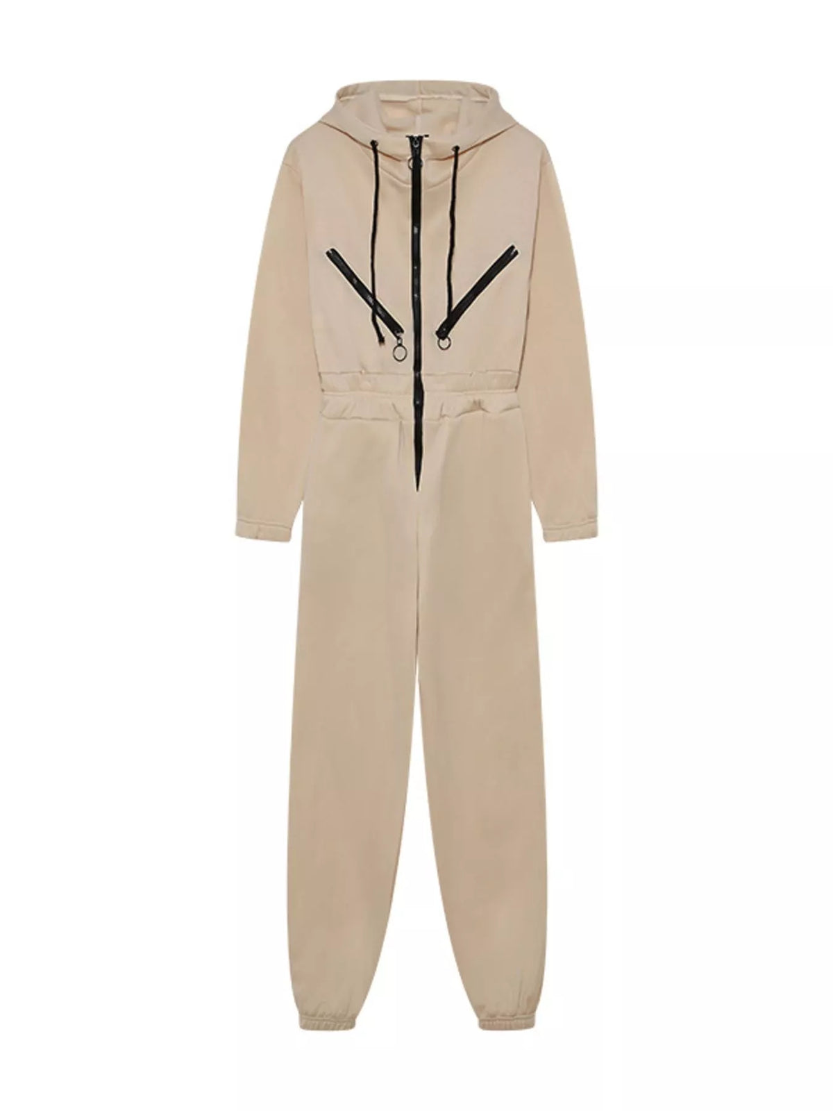 Women's hooded zip-up long-sleeve jumpsuit, beige flat-lay front view