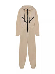 Women's hooded zip-up long-sleeve jumpsuit, beige flat-lay front view