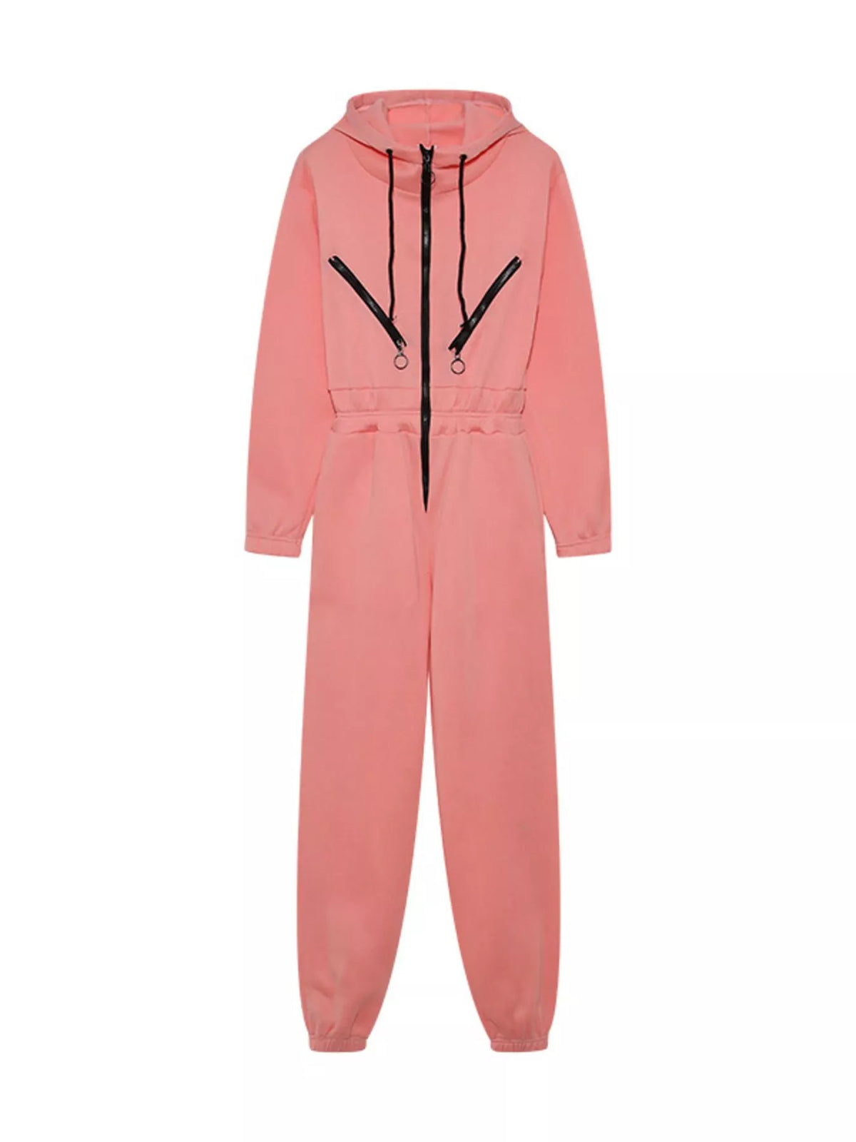 Women's hooded zip-up long-sleeve jumpsuit, coral flat-lay front view