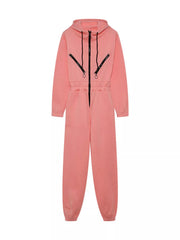Women's hooded zip-up long-sleeve jumpsuit, coral flat-lay front view