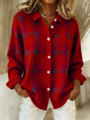 Red and dark blue plaid cardigan with a collar and pale buttons, front view on a model.