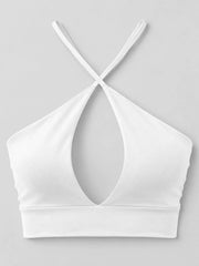 White halter crop cami displayed from the back with crossed straps