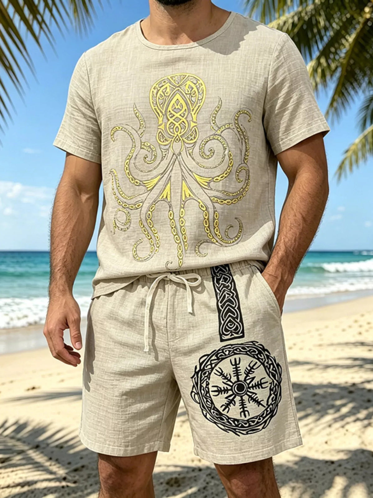 Beige tee and shorts set with a large octopus graphic and circular emblem on the shorts.