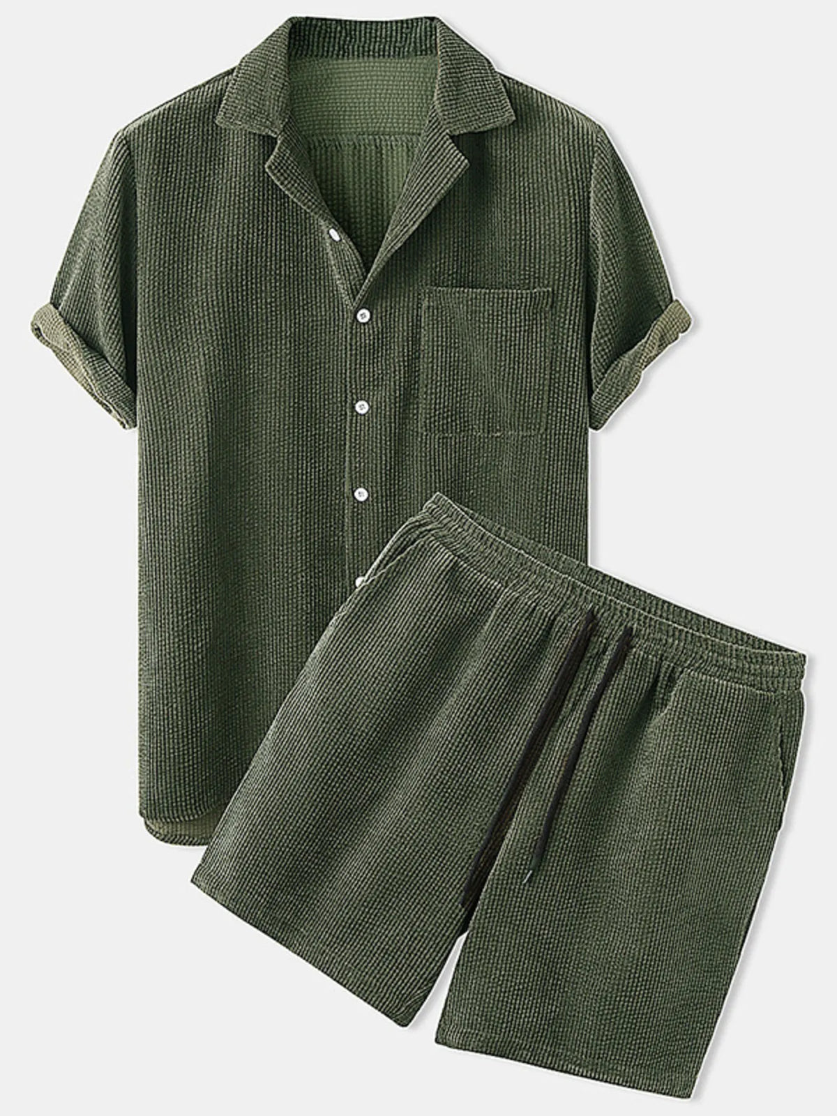 Olive textured short-sleeve collared shirt and matching shorts, front view