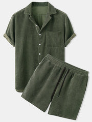 Olive textured short-sleeve collared shirt and matching shorts, front view
