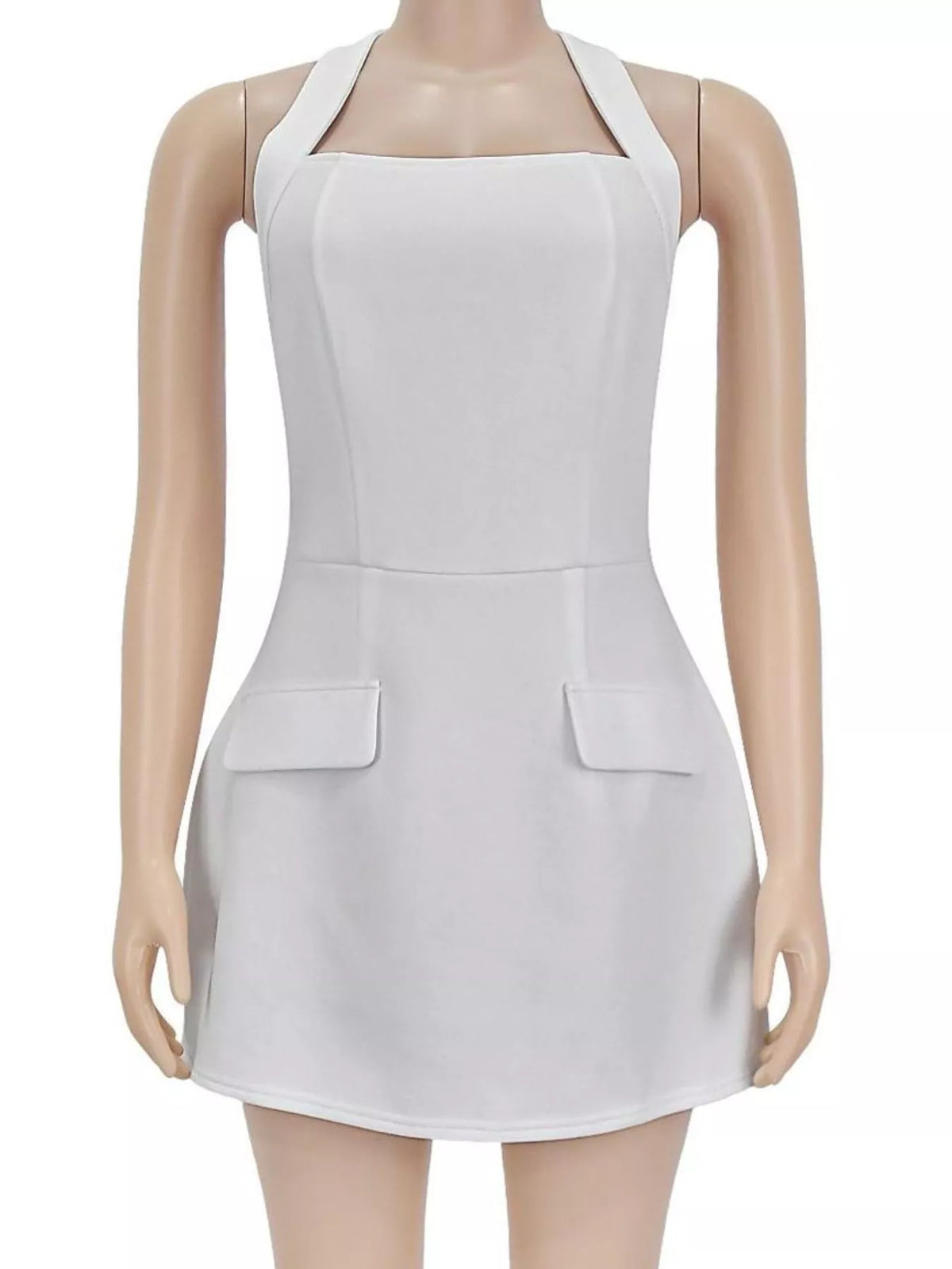 White halter mini dress displayed on a mannequin, showing the front seams and flap pocket details.