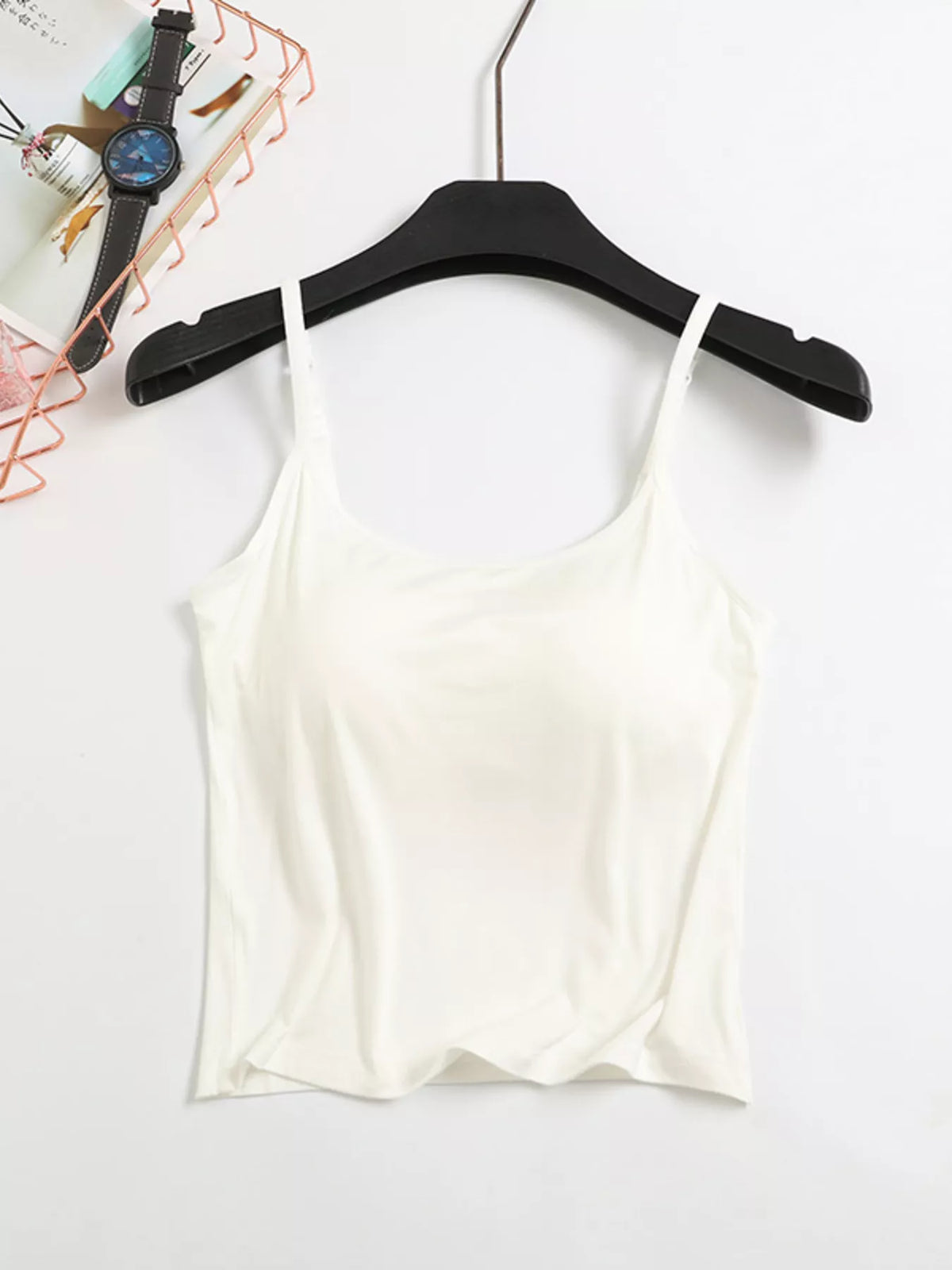 White padded cami and shorts set on hanger