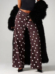 Dark brown wide-leg pants with white polka dots, front view