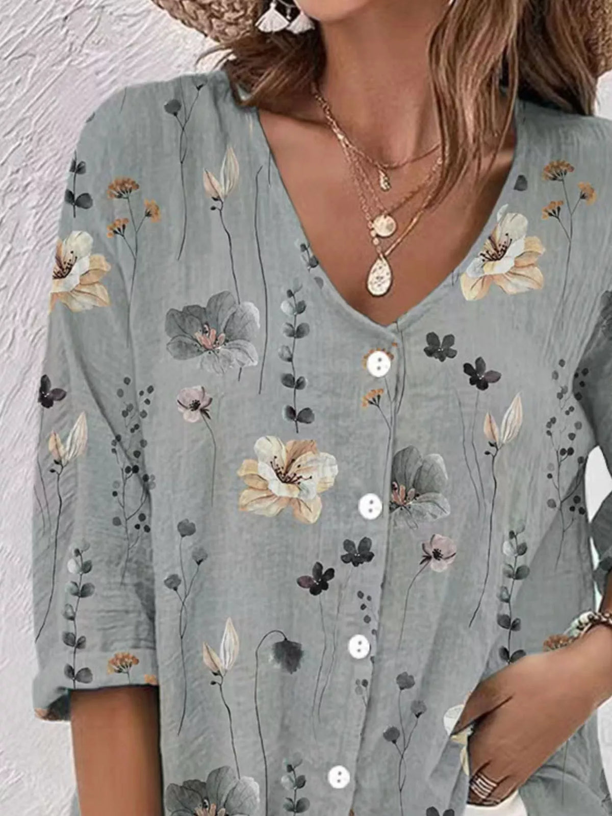 Detail of gray floral blouse neckline and button front.