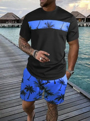 Black short-sleeve tee and shorts set with blue panels and palm-tree print.