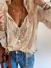 Khaki sheer lace blouse with V neckline and tie-front bow
