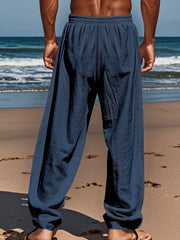Back view of navy wide-leg pants