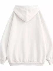 Back view of the white hoodie with its large hood and ribbed hem