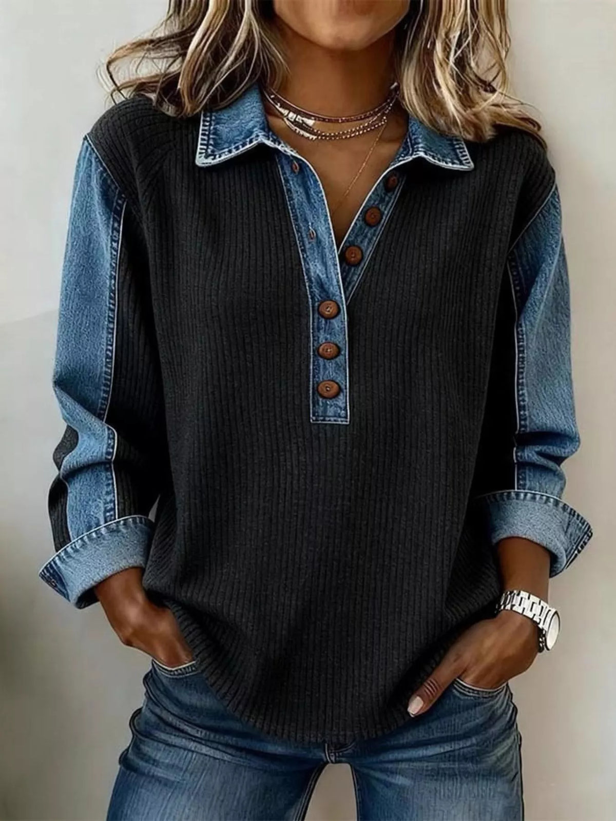 Close-up of button placket and contrast denim trim