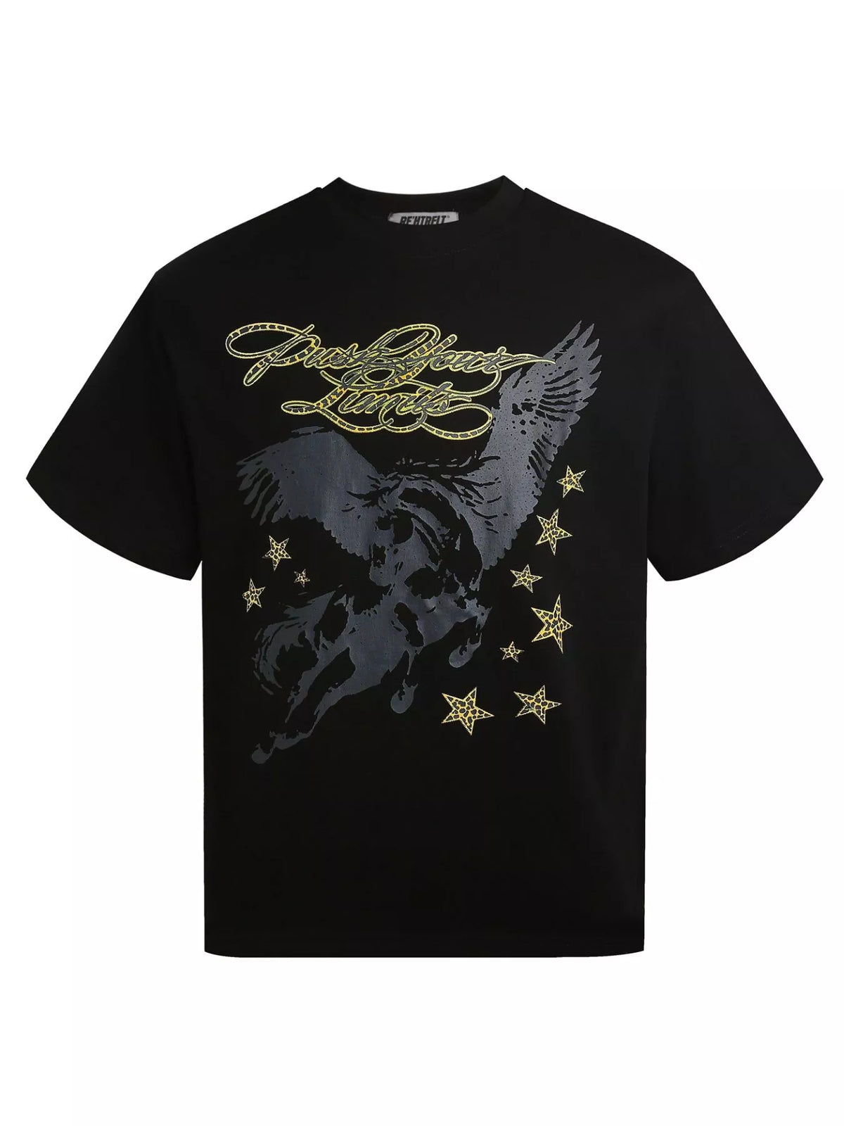 Black Pegasus and star graphic T-shirt, front view