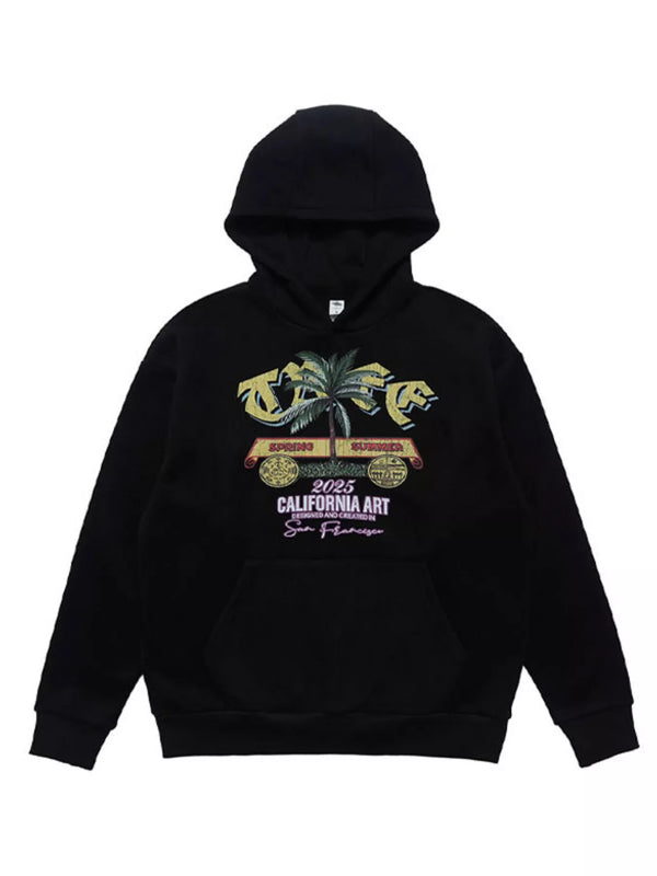 Black pullover hoodie with colorful palm tree graphic and kangaroo pocket