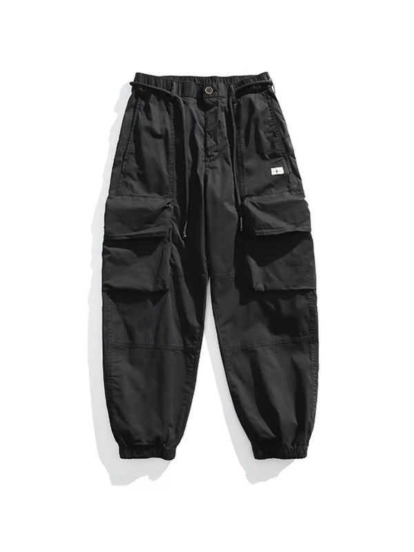 Black elastic-waist cargo joggers with multiple pockets