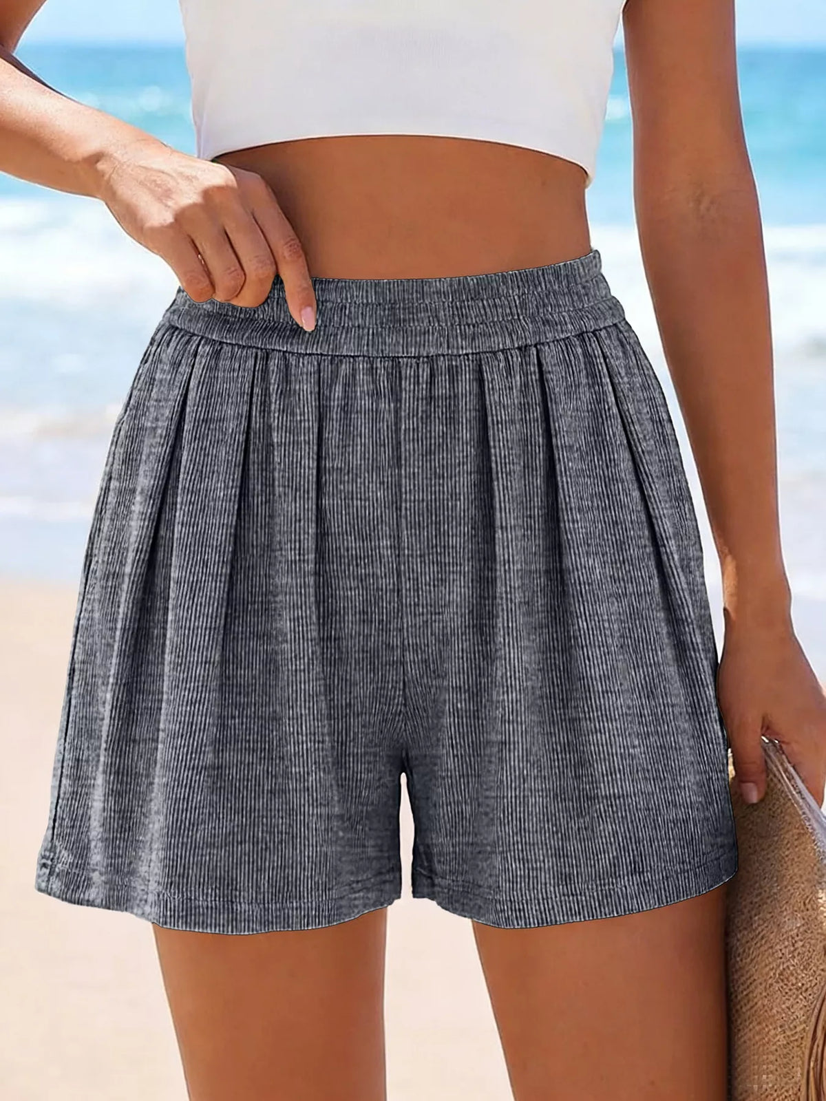Gray ribbed high-waisted shorts shown from the front