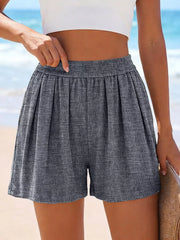 Gray ribbed high-waisted shorts shown from the front