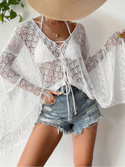 White crochet tie-front cover-up with wide sleeves
