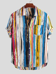 Front view of a short-sleeve button-up shirt with multicolored vertical stripes