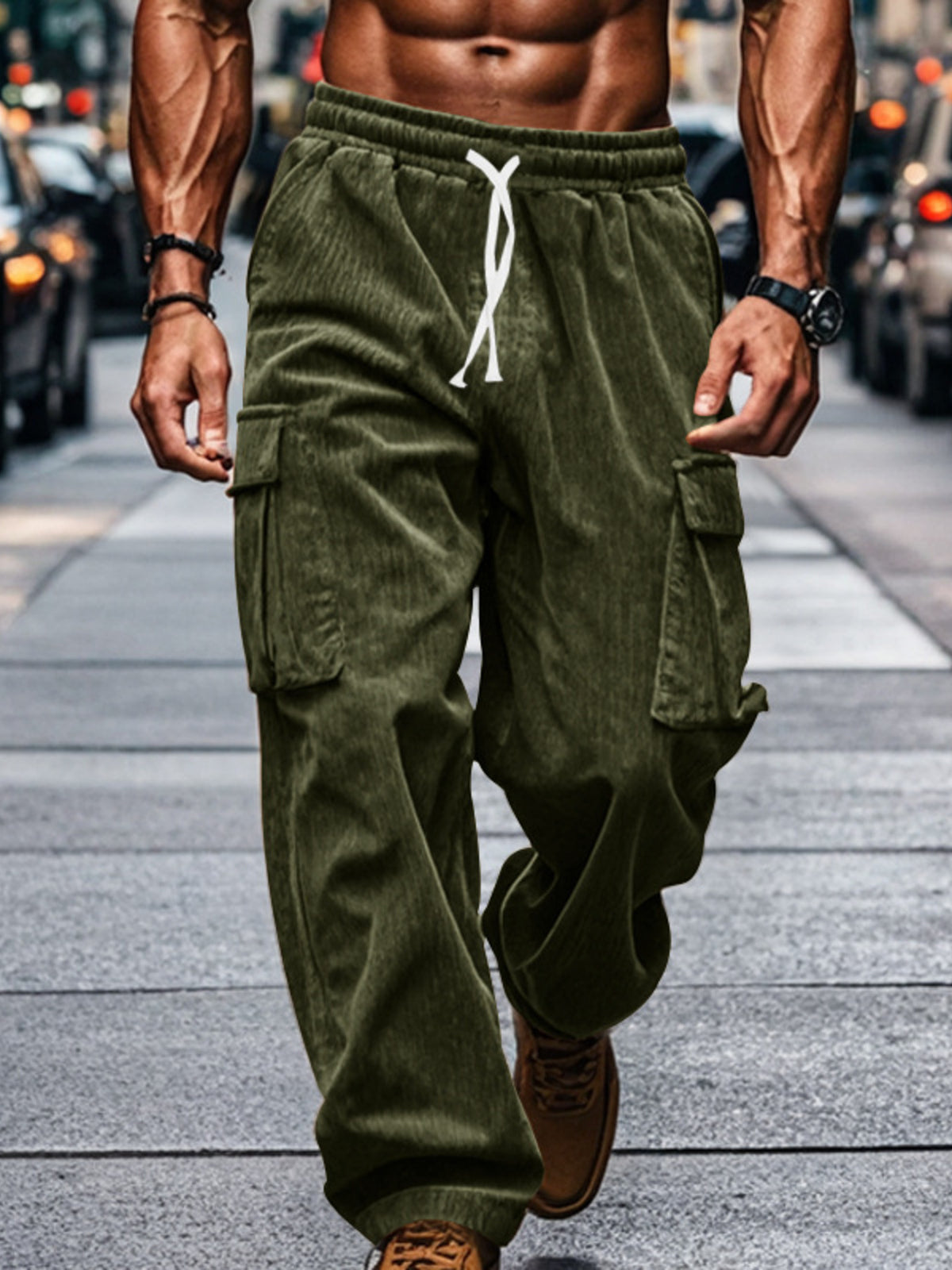 Men's corduroy cargo pants shown from the front