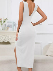 Back view of white dress with wide straps and open back