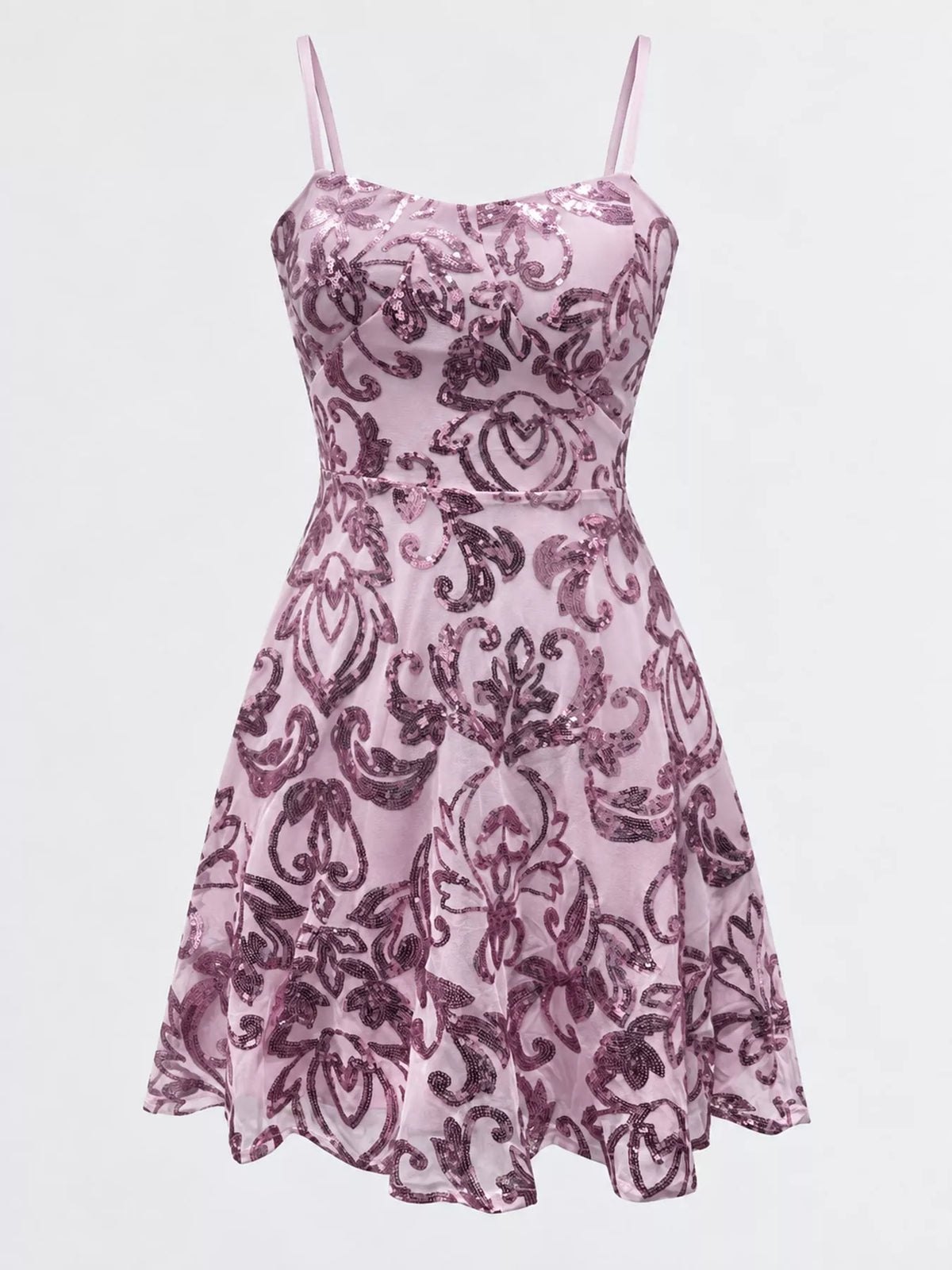 Mauve floral-sequin mini dress displayed alone against a pale background.