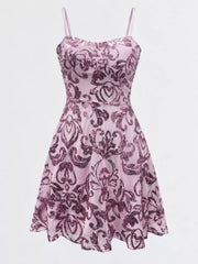 Mauve floral-sequin mini dress displayed alone against a pale background.