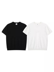 Black and white classic short-sleeve knit tops displayed side by side
