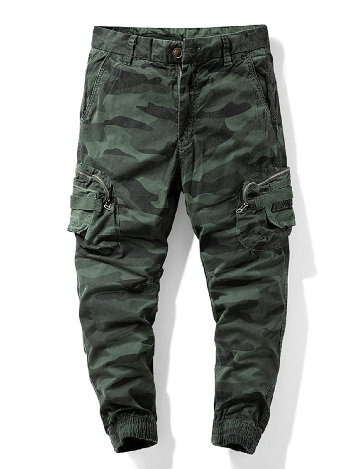 Green camouflage cargo pants with multiple side cargo pockets, front view