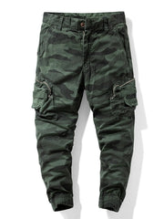 Green camouflage cargo pants with multiple side cargo pockets, front view