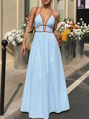 Blue striped halter-neck maxi dress with brown trim, front view