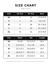 Size chart listing dress sizes XS–XL with bust, waist, hip and length measurements.