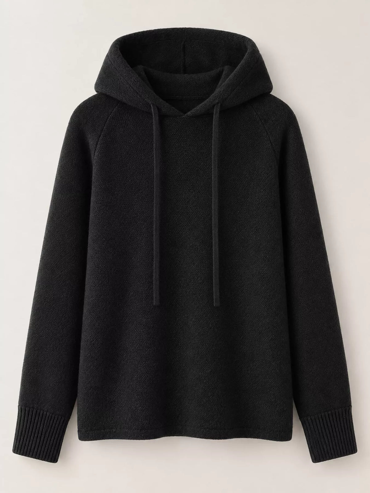 Black drawstring hooded sweater displayed alone against a light background.