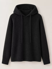 Black drawstring hooded sweater displayed alone against a light background.