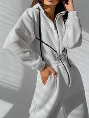 Women's hooded zip-up long-sleeve jumpsuit, white zip and hood detail