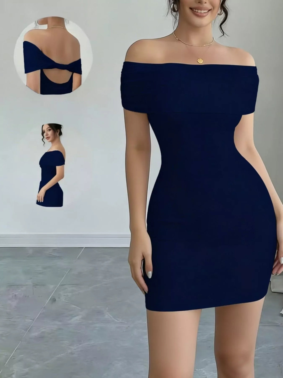 Front view of a navy off-shoulder fitted mini dress with an inset showing the back detail.